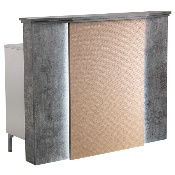 Móvel de cozinha modular com frente bege texturizada e estrutura cinza