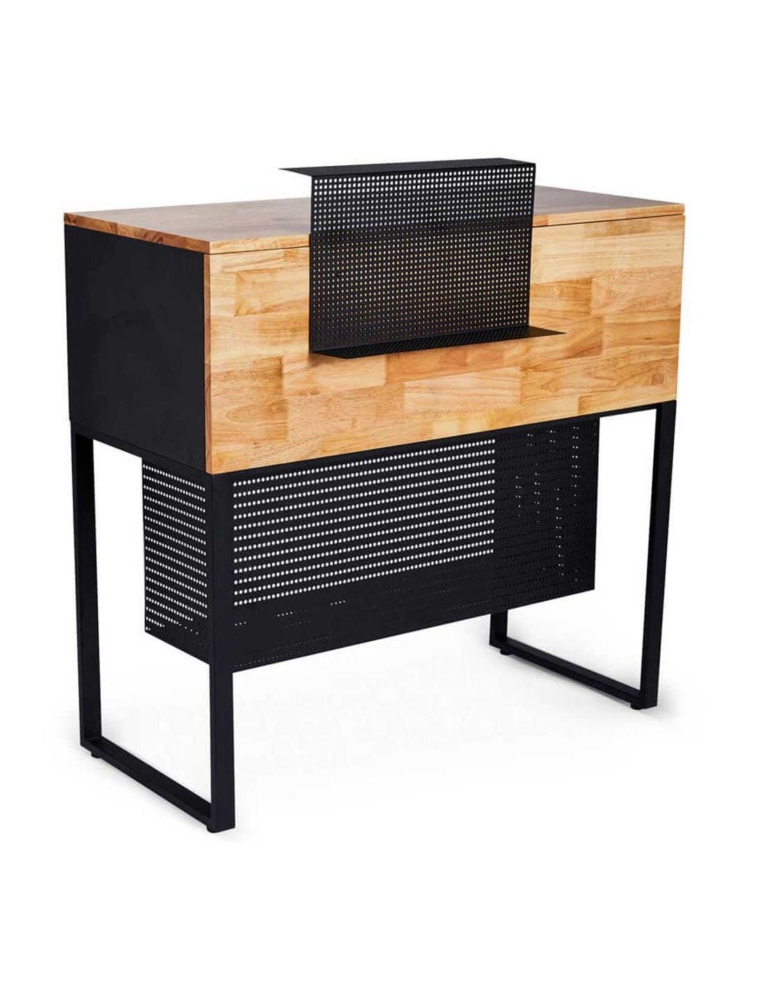 Móvel de apoio de madeira clara e metal preto perfurado