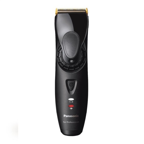 Máquina de cortar cabelo profissional Panasonic preta com lâmina dourada e luzes LED