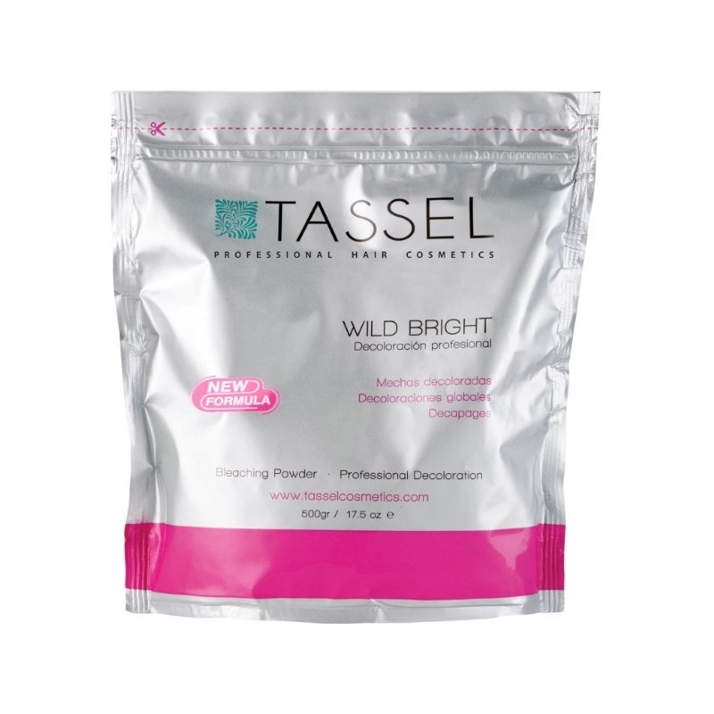 Saco prateado com detalhes em rosa e texto TASSEL WILD BRIGHT, produto de descoloração