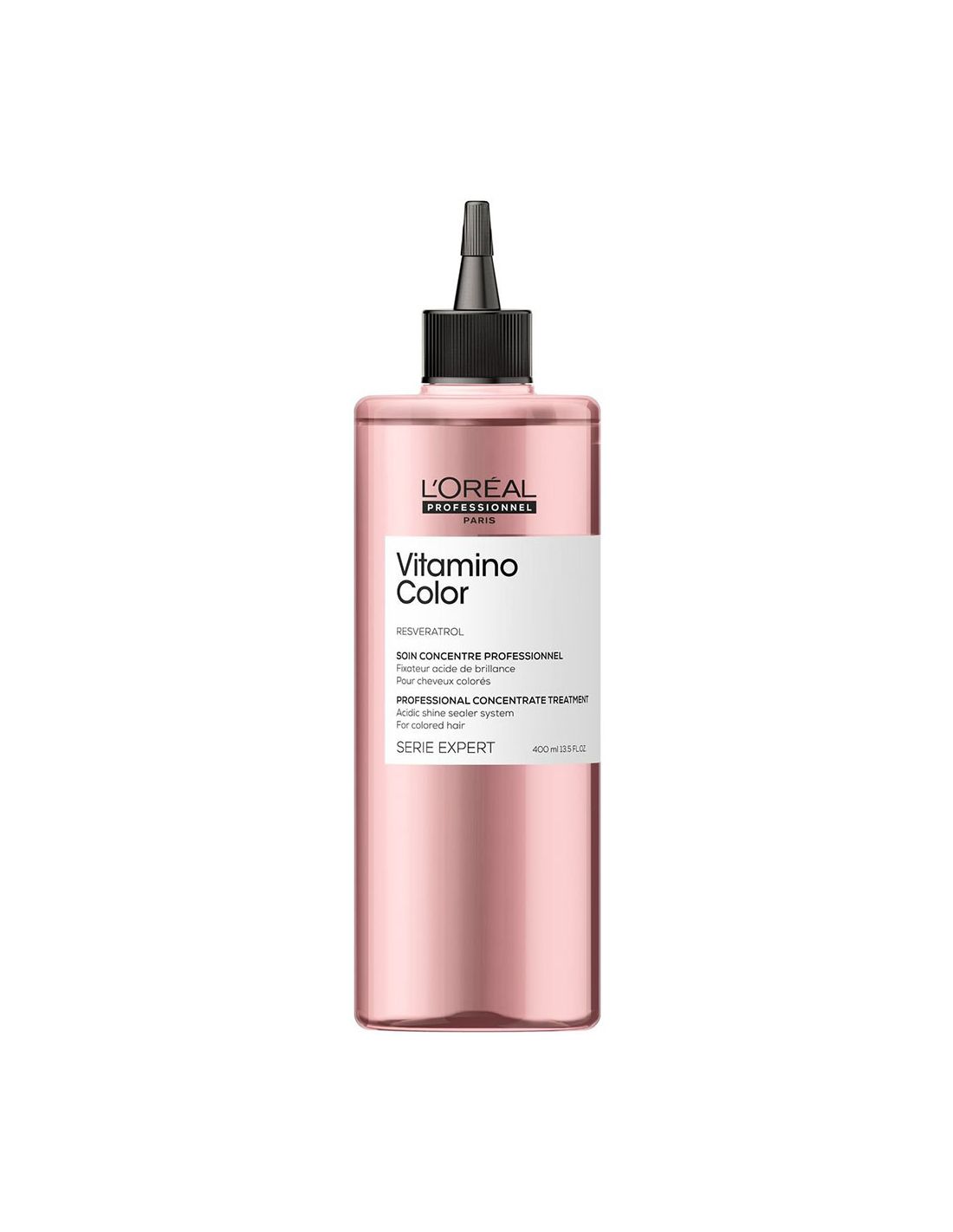 Frasco rosa metálico do produto L'Oréal Vitamino Color com tampa preta e aplicador