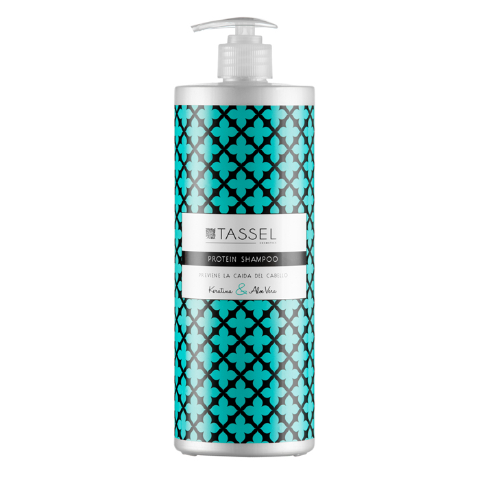 Frasco de shampoo TASSEL protein shampoo com tampa doseadora e design em azul turquesa