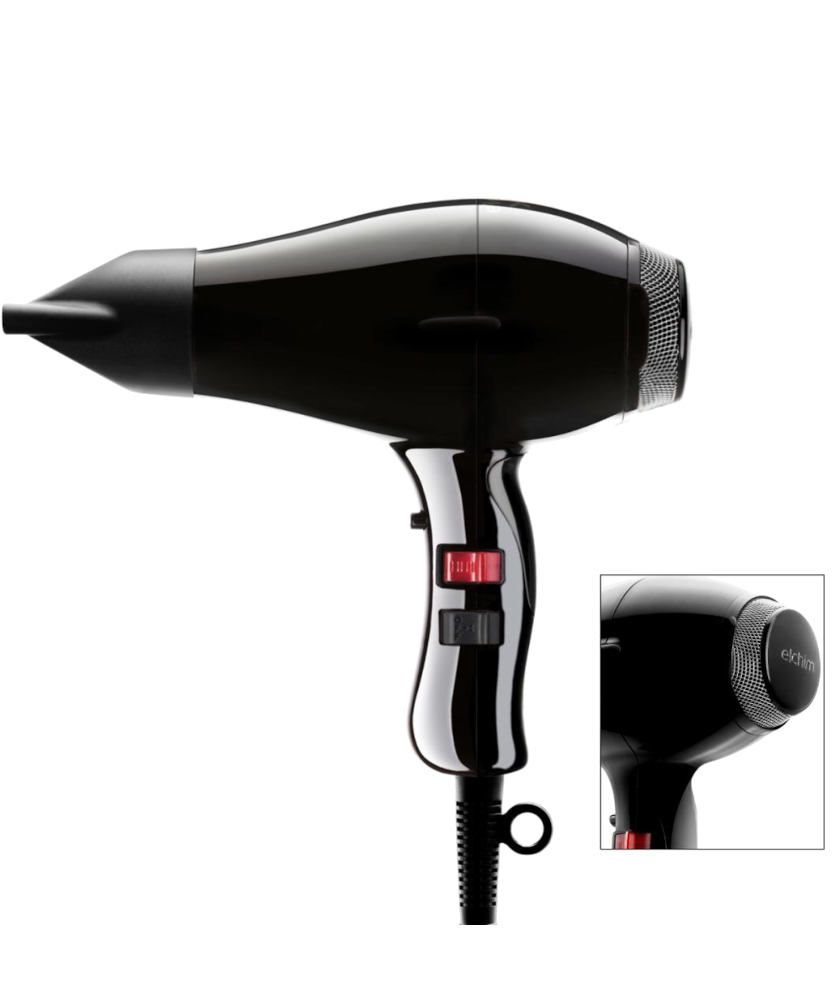 Secador de cabelo preto com botões e cabo pendurado