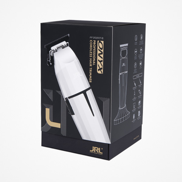 Caixa preta com aparador de cabelo branco DMXY, texto em dourado e branco