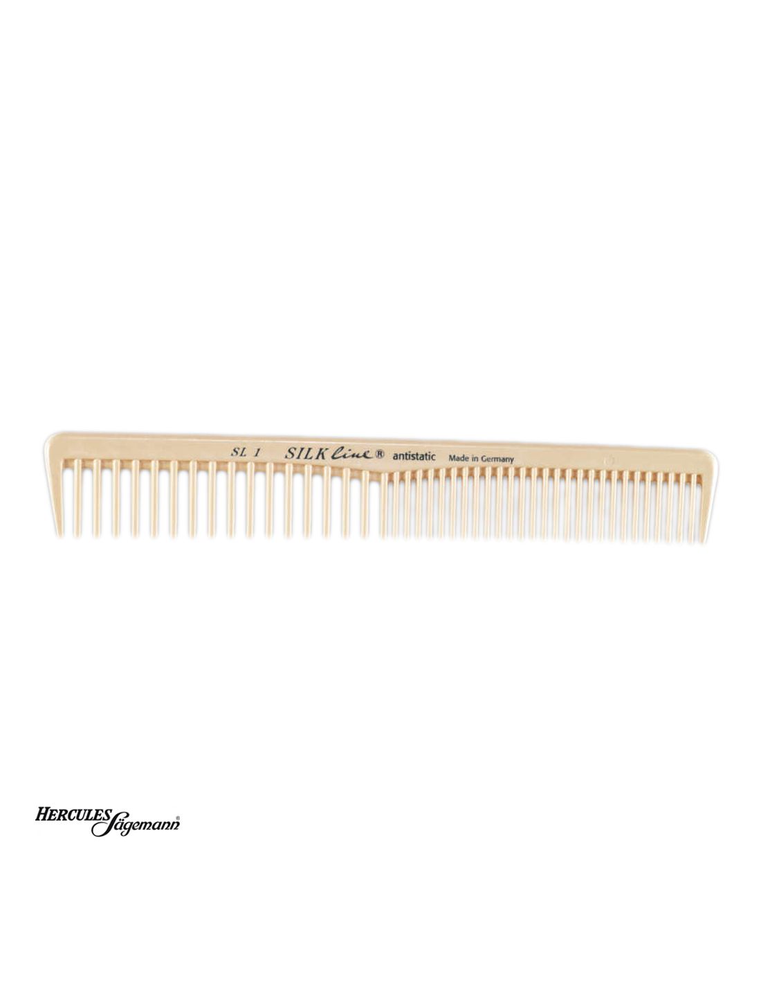 Pente de cabelo bege com dentes largos e finos e texto impresso
