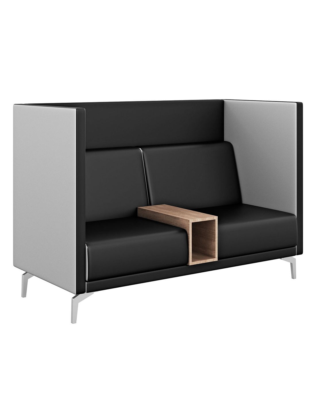 Sofá moderno dois lugares cinza e preto com apoio em madeira no centro