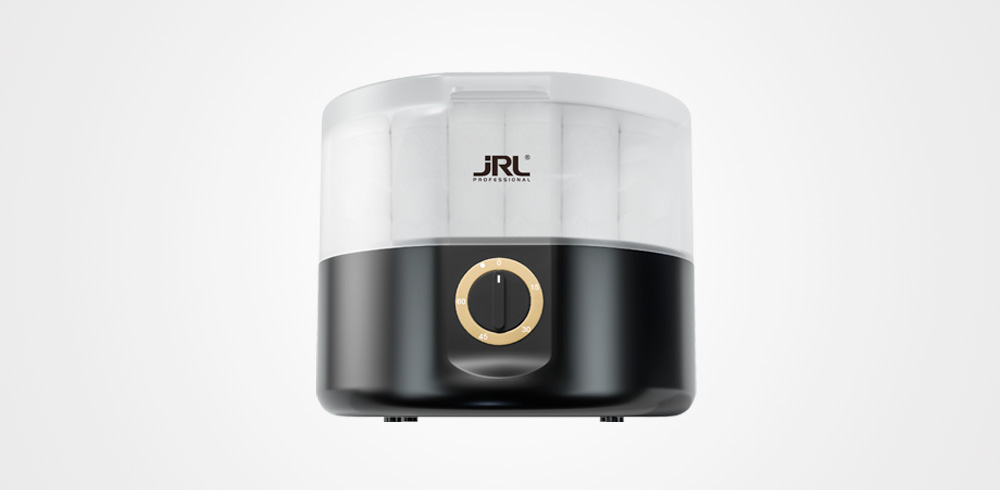 Máquina de esterilização JRL preta e transparente com botão circular dourado.