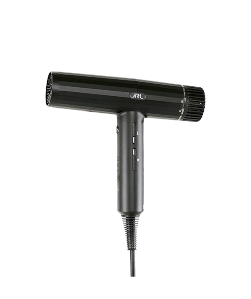 Secador de cabelo preto com botões no cabo