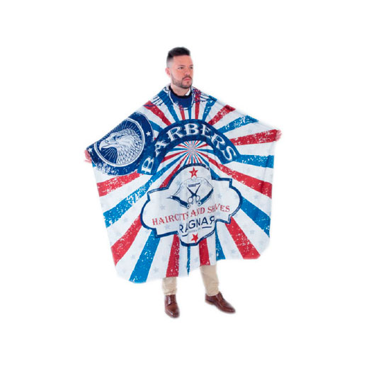 Capa de barbeiro com cores vermelho, branco e azul e texto decorativo