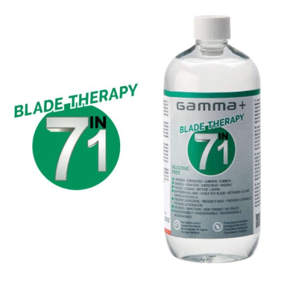 Frasco transparente com líquido e etiqueta verde e cinzenta de produto Blade Therapy in 7 1