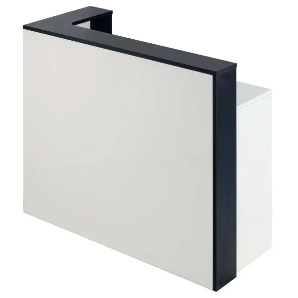 Mostrador de receção retangular branco com estrutura preta e recorte no topo