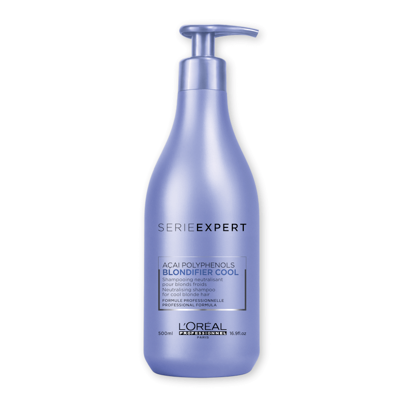 frasco lavanda de champô L'Oréal Série Expert com texto sobre cabelos loiros