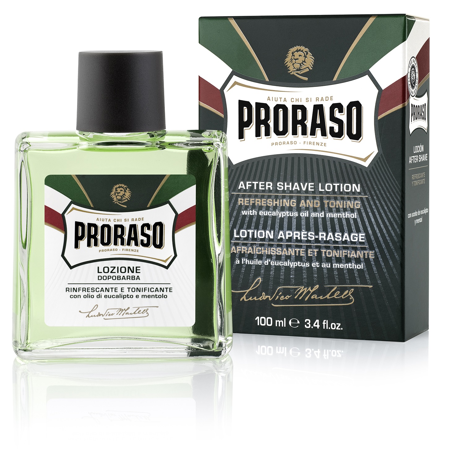 Frasco de loção pós-barba Proraso e embalagem correspondente