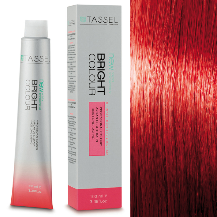 Tubo e caixa de tinta para cabelo da marca TASSEl com cabelo pintado de vermelho brilhante