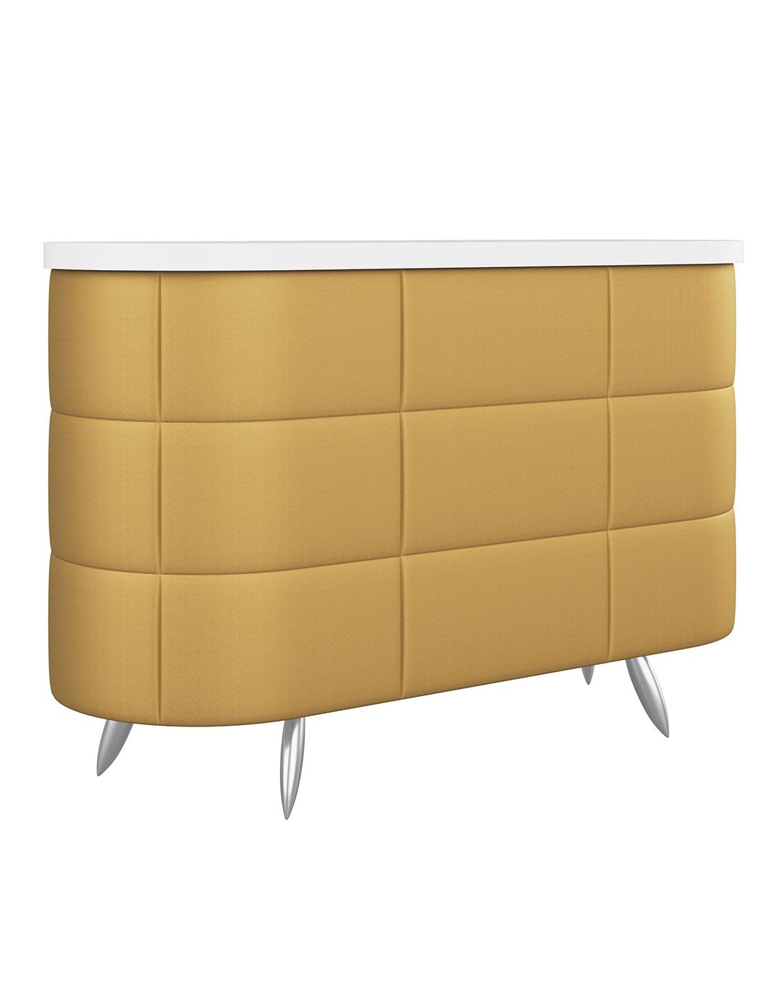 Móvel estofado amarelo com tampo branco e pés metálicos prateados