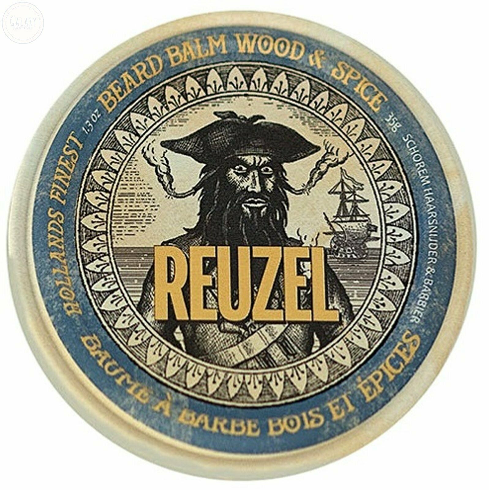 Embalagem redonda de cera para barba Reuzel com imagem de pirata e texto em azul e bege