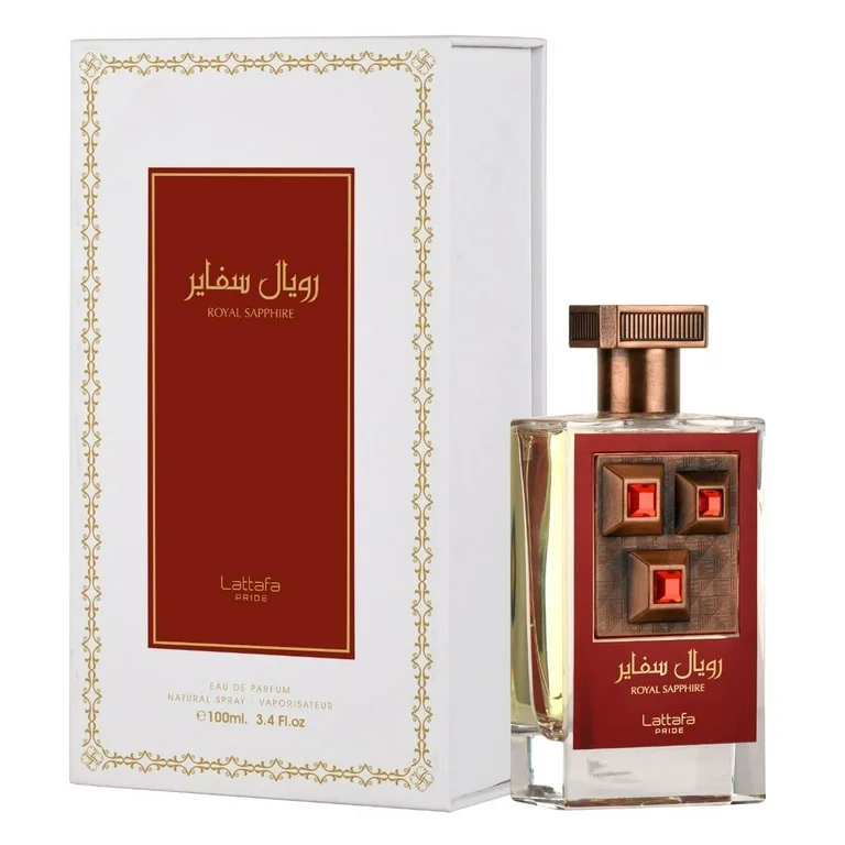 Frasco de perfume Royal Sapphire da Lattafa com embalagem branca e detalhes vermelhos e dourados