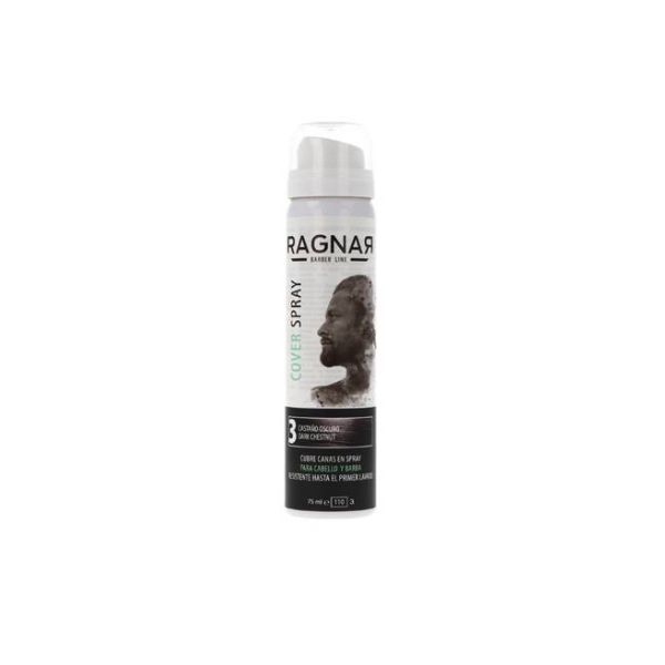 Frasco de spray para cabelo RAGNAR COVER SPRAY com tampa branca e etiqueta com imagem de homem