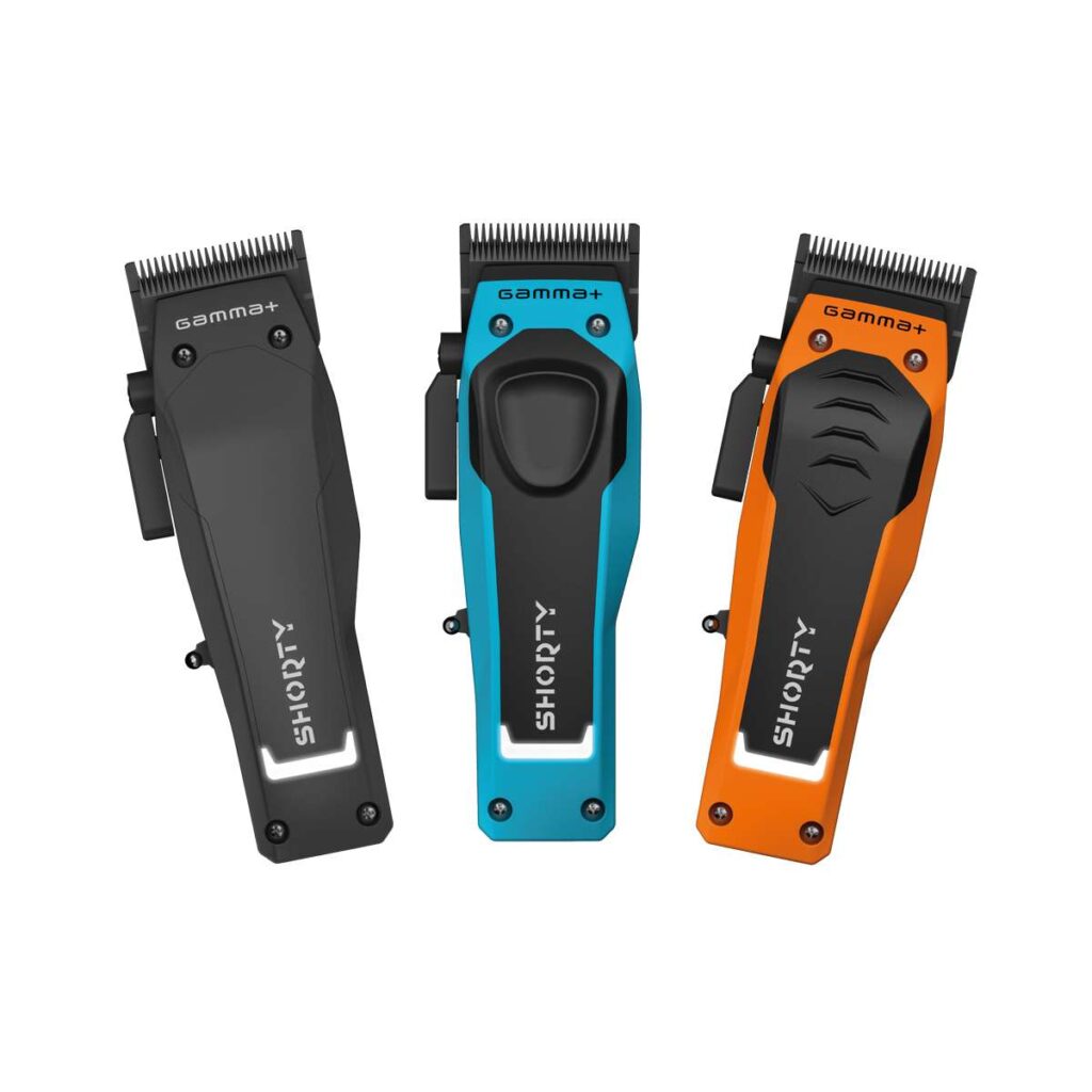 Três máquinas de cortar cabelo GAMMA+ SHORTY em preto, azul e laranja