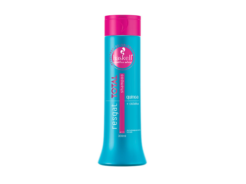 Frasco azul de champô Haskell Resgat Total com tampa rosa