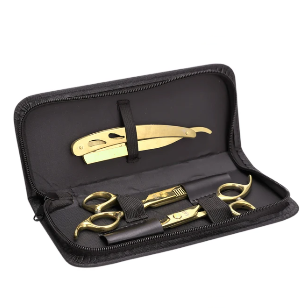 Conjunto de manicure dourado em estojo preto aberto