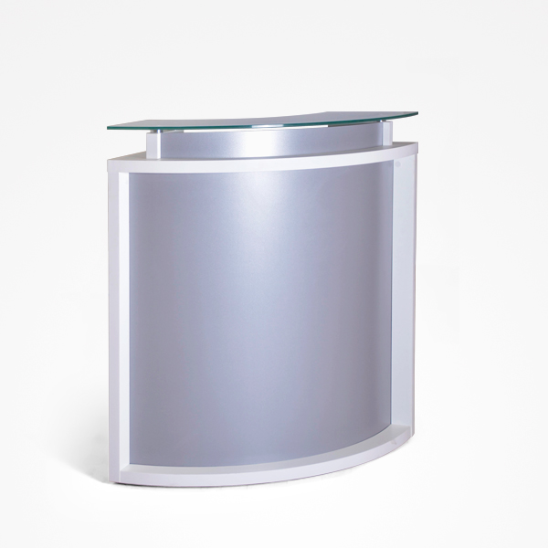 Balção de receção com tampo de vidro e estrutura metálica cinza e branca