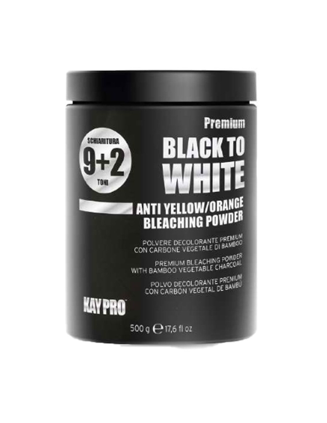 Frasco preto de pó branqueador para cabelo com texto branco