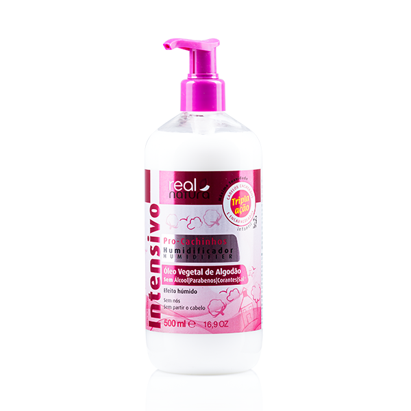 Frasco branco com doseador rosa de creme Real Natura Intensivo Pro-Cachinhos