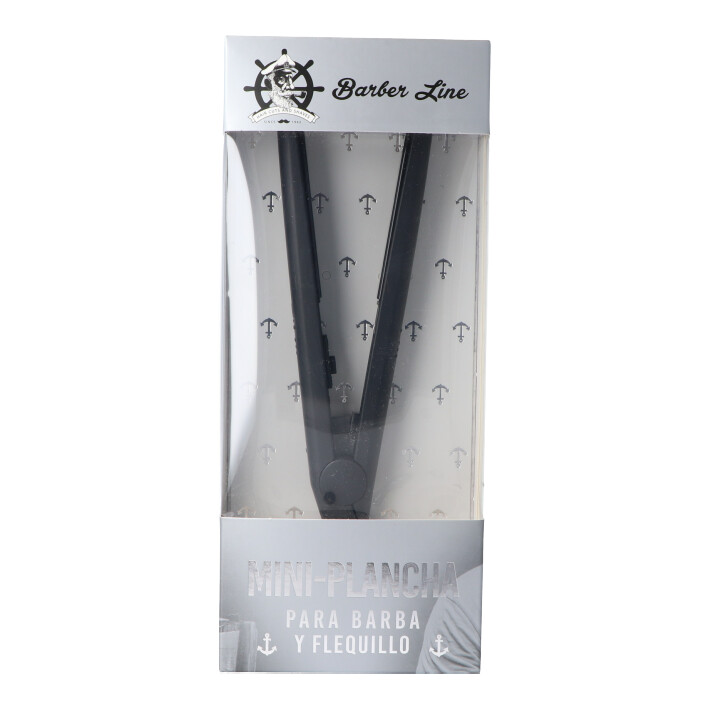 Mini prancha alisadora preta para barba e franja na embalagem da Barber Line