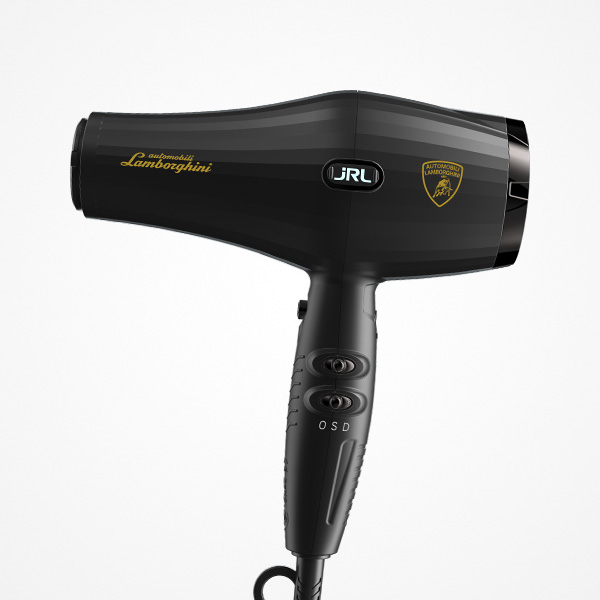 Secador de cabelo preto com logótipos Lamborghini e URL