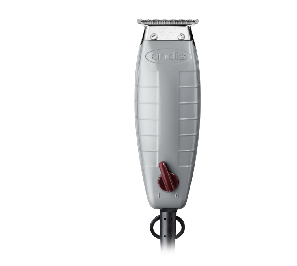 Aparador de cabelo eléctrico cinza com botão vermelho e lâmina de corte prateada