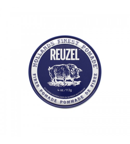 Pomada para cabelo REUZEL azul e branca com imagem de porco