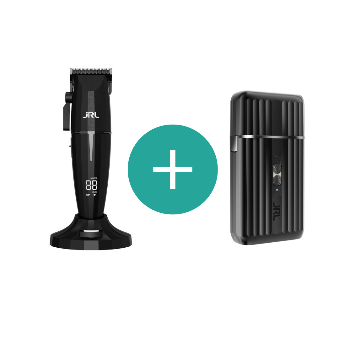 Máquina de cortar cabelo preta com visor digital e suporte junto a dispositivo eletrónico preto com ranhuras e botão central