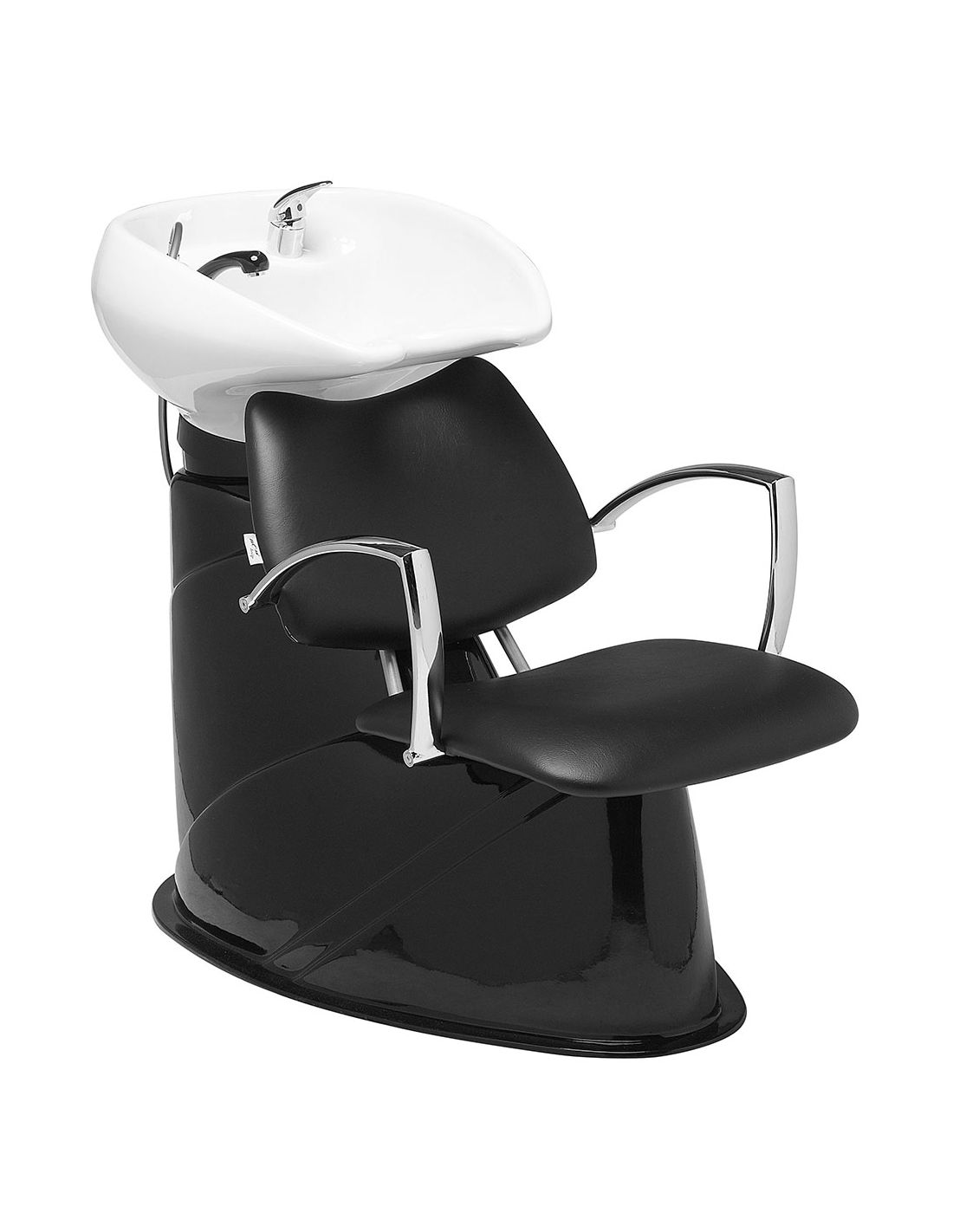 Cadeira preta de lavagem de cabelo com lava-cabeças branco