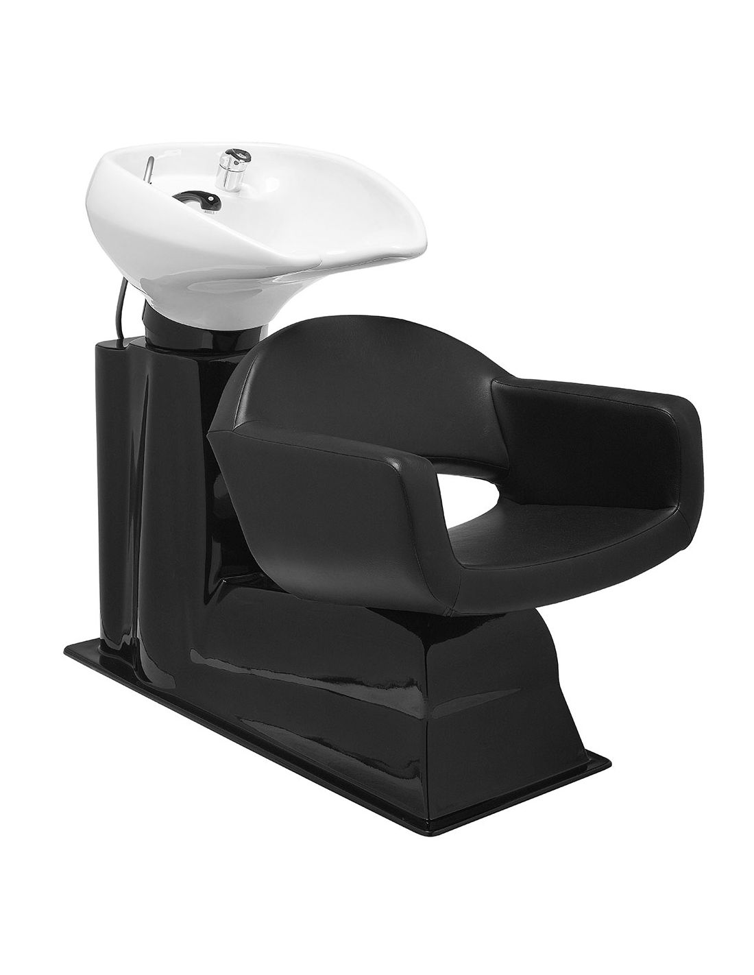 Cadeira preta de lavatório para salão com lavatório branco integrado