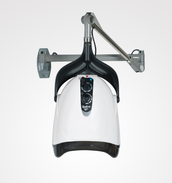 Secador de cabelo profissional branco e preto com suporte metálico cinzento na parede