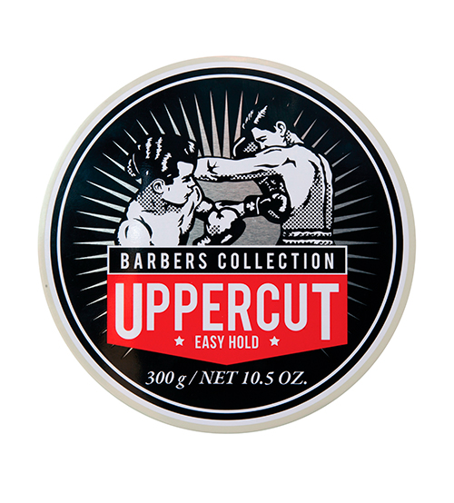 Rótulo de produto com imagem de dois homens a boxear e texto Uppercut Barbers Collection
