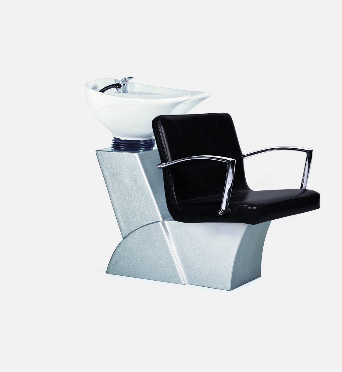 Cadeira de salão com lava-cabeças branco e assento preto