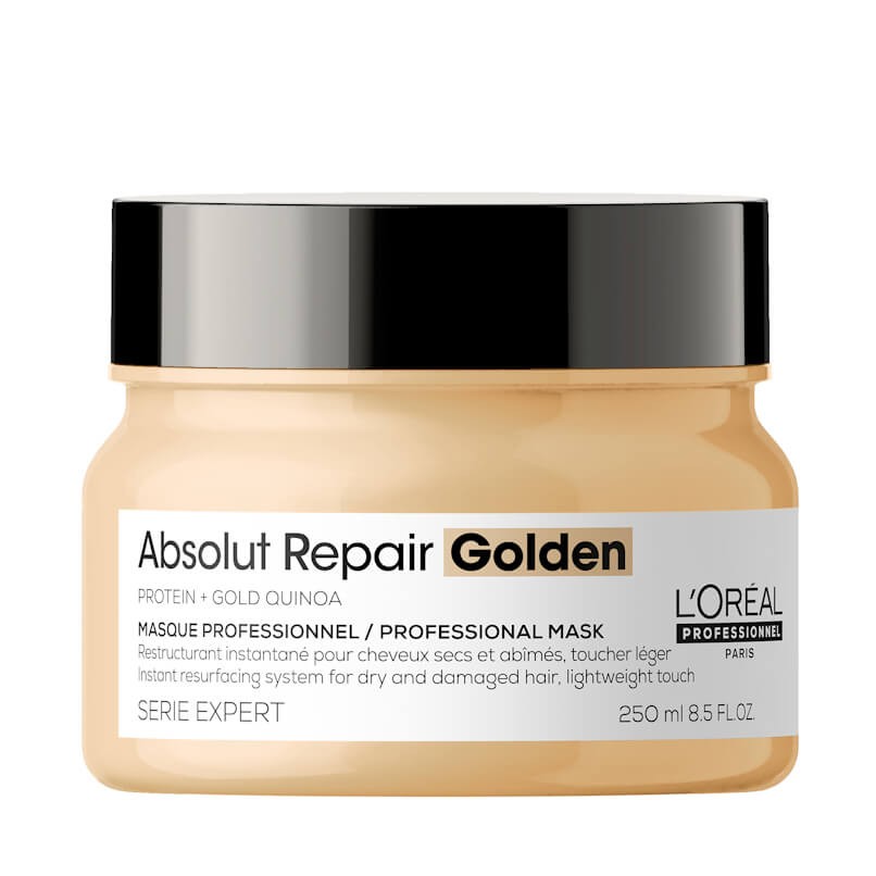 Frasco de máscara profissional Absolut Repair Golden da L'Oréal Professionnel com tampa preta