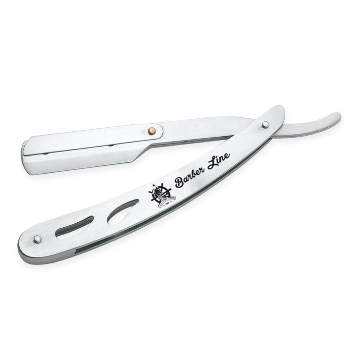 Navalha de barbear prateada aberta com texto Barber Line