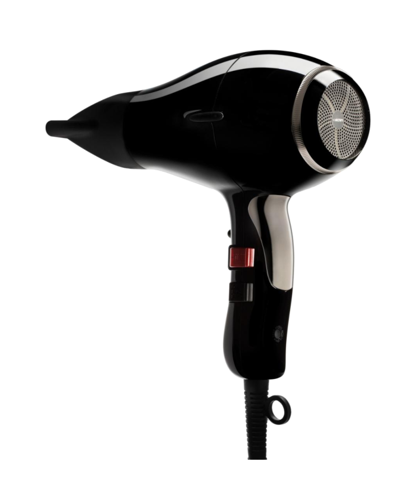 Secador de cabelo preto com acabamento brilhante e grelha metálica