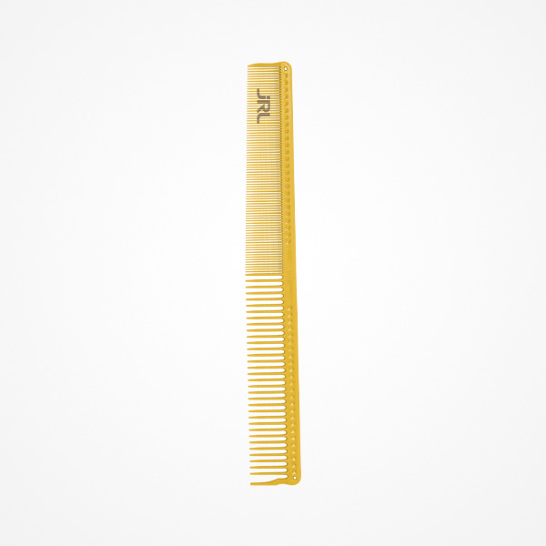 Pente amarelo com dentes finos e grossos e inscrição JRL