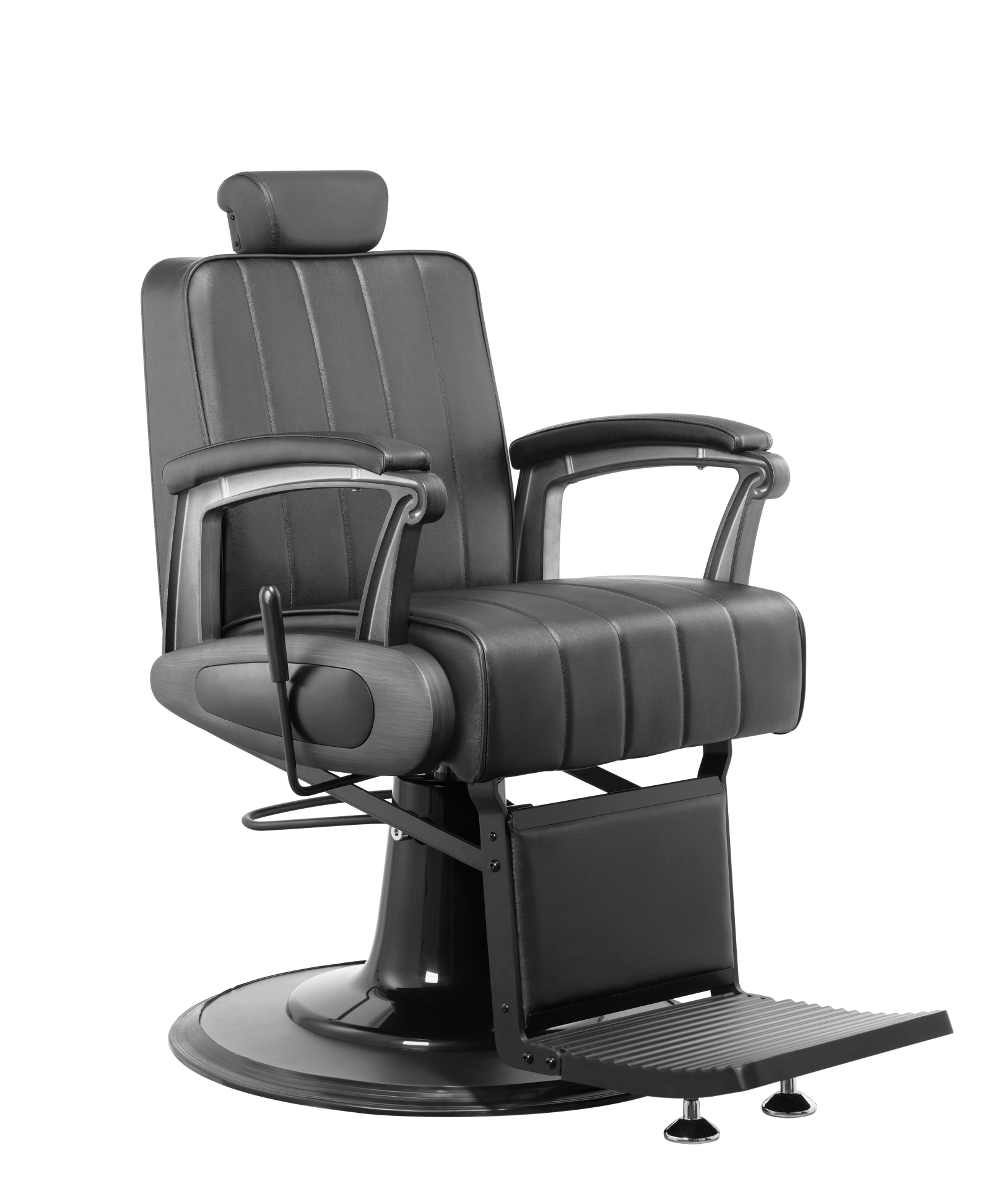 Cadeira de barbeiro preta em couro com base e apoio para os pés