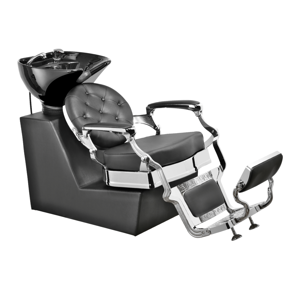 Cadeira de salão de cabeleireiro com lava-cabeças preto e estrutura metálica cromada