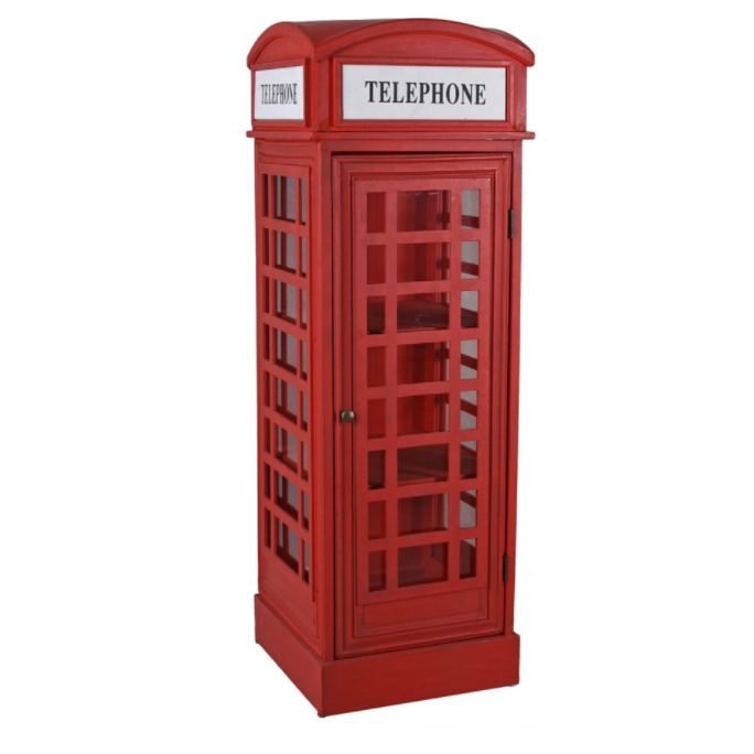 Cabine telefónica vermelha com janelas de vidro e placa TELEPHONE