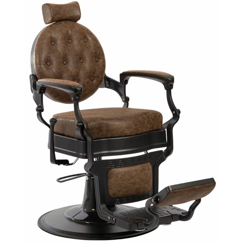 Cadeira de barbeiro vintage castanha com estrutura preta e apoio de pés