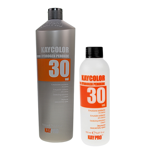 Duas embalagens Kaycolor Hydrogen Peroxide 30 vol, cinzenta 1000 ml e branca 150 ml