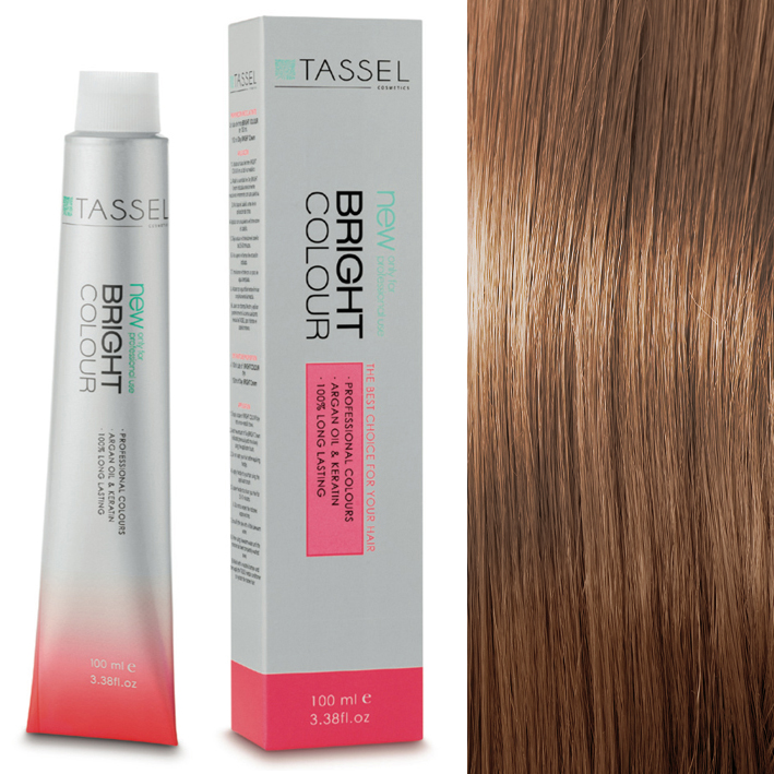 Tinta cabelo Tassel Bright Colour com embalagem cinza e rosa ao lado de cabelo castanho liso