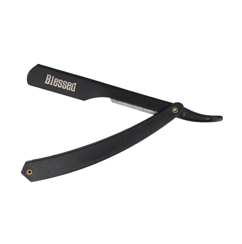 Navaja de barbear preta com a palavra Blessed na lâmina