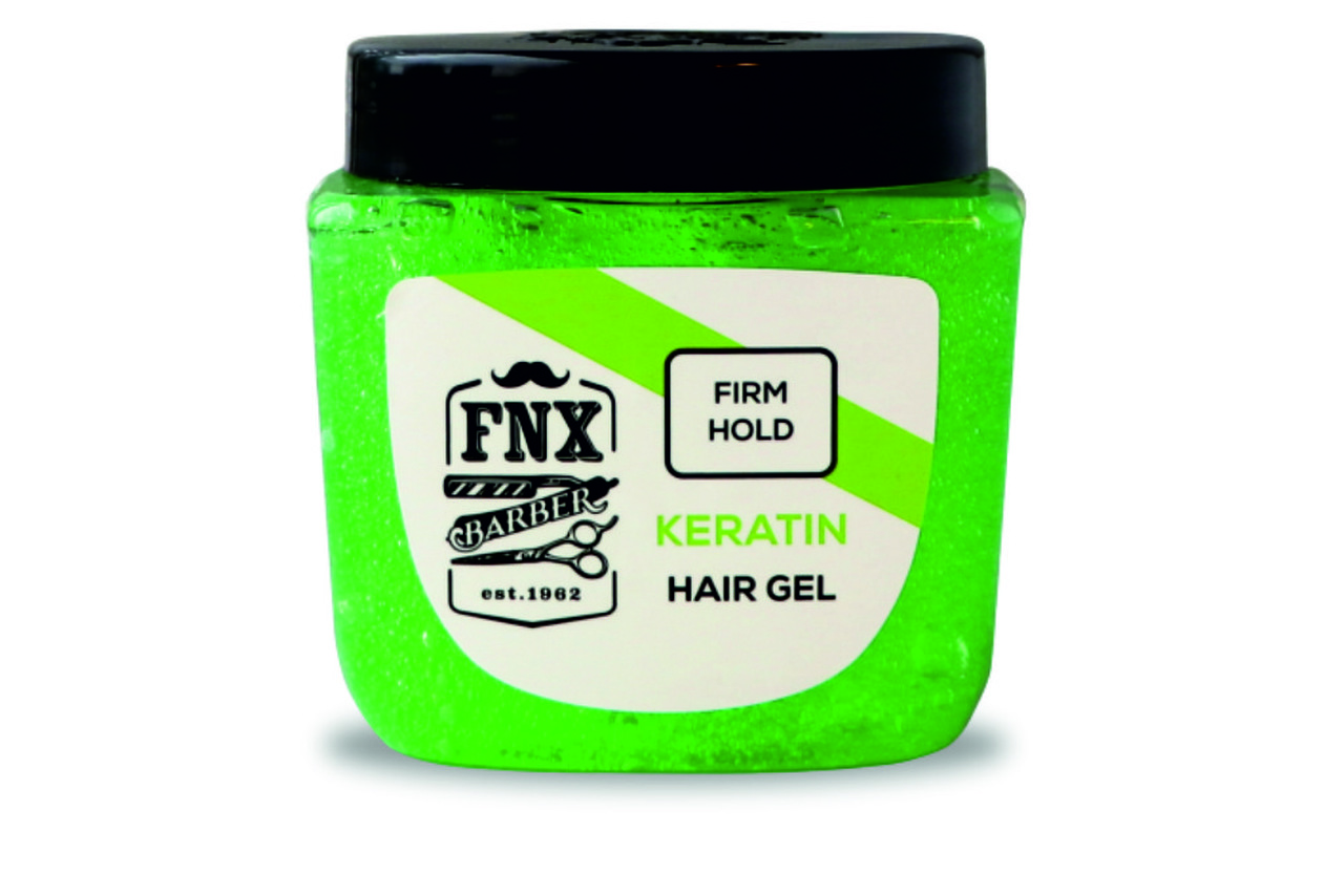 Gel de cabelo verde em frasco quadrado com tampa preta e rótulo branco e verde